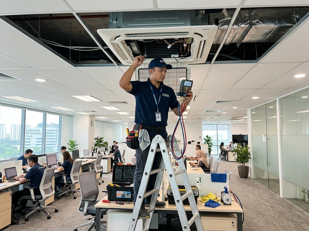 MSN Aircond technician servicing a 4-way ceiling cassette in a Shah Alam corporate tech office