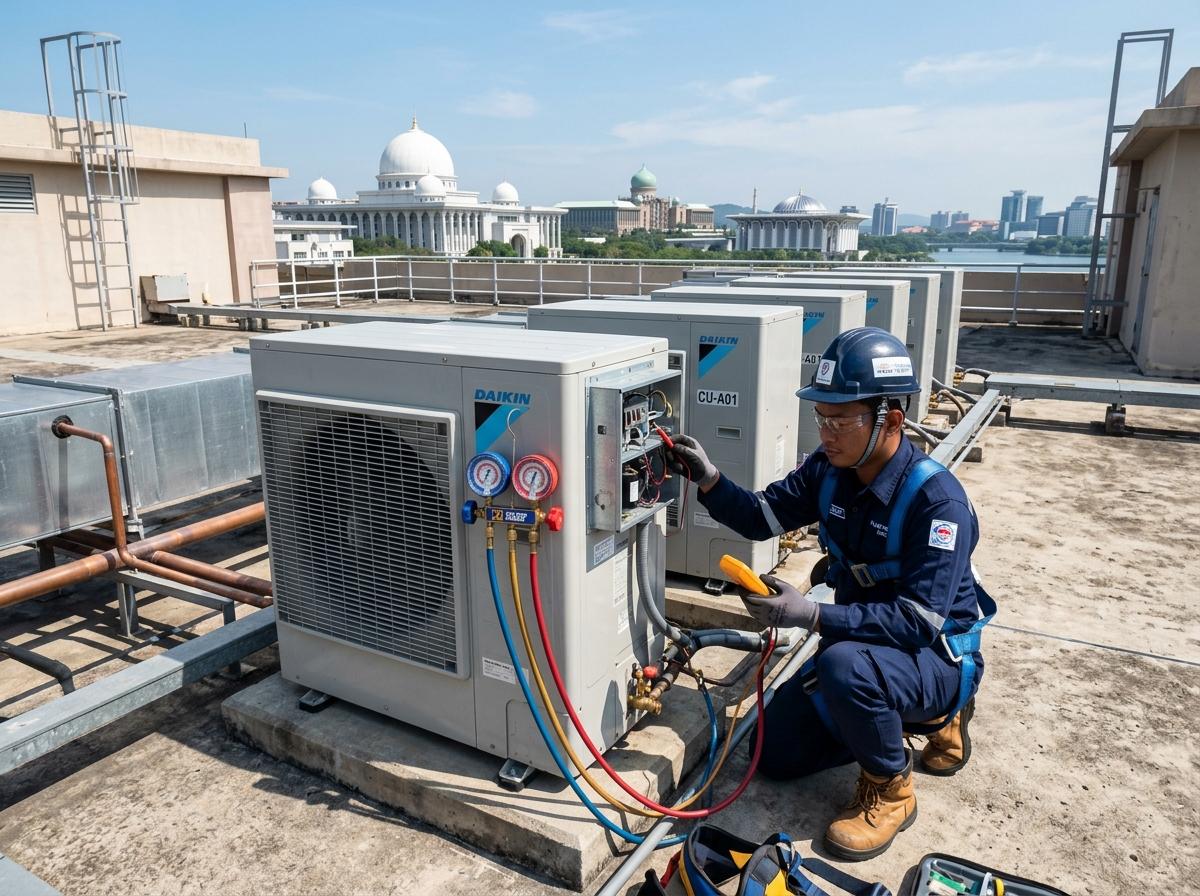 MSN Aircond certified technician checking commercial rooftop aircon condenser fleet in Shah Alam